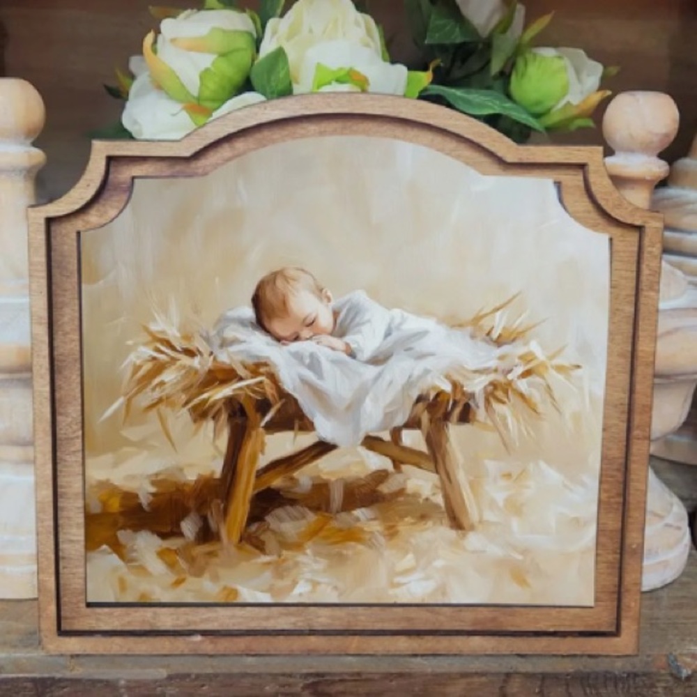 Wooden Framed Baby Jesus Nativity Scene